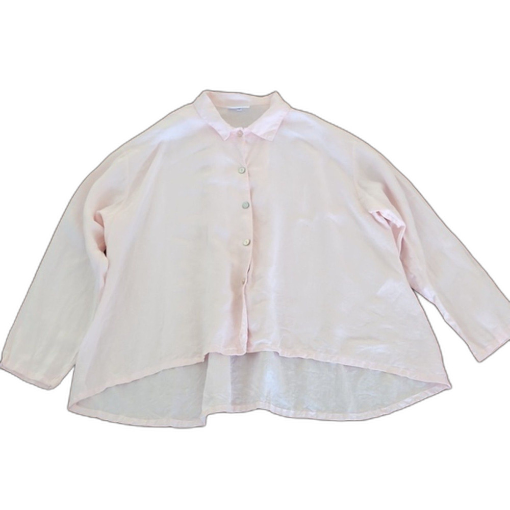 Bryn Walker Linen Long Sleeve High Low Hem Button Down Shirt, Light Pink, XL